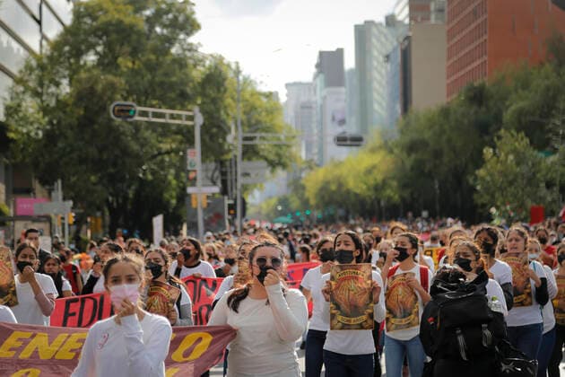 September 26, 2022, Mexico, Mexico: Protesters march on the street during a demonstration to commemorate the 8th anniversary of the disappearance of the 43 Ayotzinapa students. On the night of September 26, 2014, 43 students from the Raoel Isidro Burgos Rural Normal School located in Iguala, Guerrero, were victims of forced disappearance by members of public security from the state of Guerrero and federal military security..The students had allegedly tried to hijack trucks to use for their protests. Mexico Mexico - ZUMAs197 20220926_zaa_s197_320 Copyright: xGuillermoxDiazx
