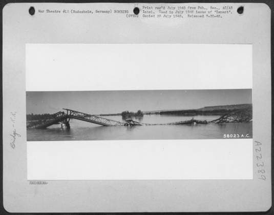 Blasted Bridges Reflect The Fury Of Allied Air Attack And The Swiftness Of German Retreat In Western Germany. Hindenburg Rail Bridge Over The Rhine At Rudesheim, Germany, Was Destroyed By The 8Th Air force In Jan. 1945. Copyright: xpiemagsx nagerbompie16092022-184 !ACHTUNG AUFNAHMEDATUM GESCHÄTZT!