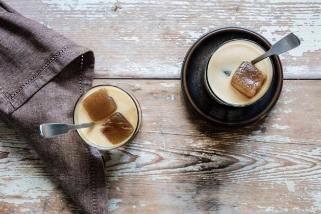 Two glasses of vegan iced coffee with oat milk, EVGF04064