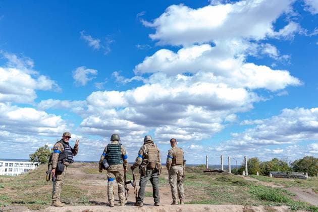 Ukraine Armed Forces artillery unit led by Commander Lang observes a shelling operation targeting Russian positions in Kupiansk Vuzlovyi Industrial area in Eastern Kupiansk, Kharkiv Region, on Monday, Sept 19, 2022. All civilians are evacuated from Eastern Kupiansk, commander Lang told VX Pictures on Monday, adding that residents in liberated Kupiansk are also offered evacuation for the time being as the battle for Kupiansk continued. (VX Photo Vudi Xhymshiti), Battle for Kupiansk in Kharkiv Kupiansk Undisclosed Location Kharkiv Oblast Ukraine  , Copyright: xVudixXhymshitix