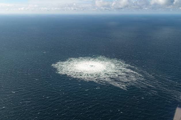 View taken from a Danish F-16 interceptor of the Nord Stream 2 gas leak just south of Dueodde, Denmark, on Tuesday, September 27, 2022. This leak is one of three on the Nord Stream gas pipelines in the Baltic Sea; the other two are located on Nord Stream 1 northeast of Bornholm. The Danish Navy has established prohibition zones around the leaks for the safety of ship and air traffic. 1 WAX2022092804 DANISHxDEFENCE