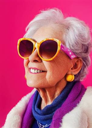 Creative Highlights Symbolbilder Side view of a modern older woman with sunglasses and colorful clothing in pink background. Image created by artificial intelligence and later modified, Property released MarcosOsorio_ID1006_37838_006 Copyright: xMarcosxOsoriox Model Released