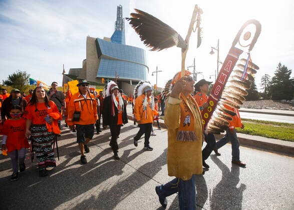 September 30, 2022, WINNIPEG, MANITOBA, CANADA: People pass the Canadian Museum for Human Rights as they attend the second annual Orange Shirt Day Survivors Walk and Pow Wow on National Day for Truth and Reconciliation in Winnipeg, Friday, September 30, 2022. WINNIPEG CANADA  - ZUMAc35_ 20220930_zaf_c35_188 Copyright: xJohnxWoodsx