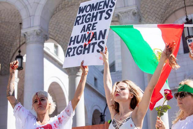 October 1, 2022, Los Angeles, California, USA: Artist Samantha Rose Moshiri (left) and Yadriga Krasovskaya, who is holding her hair which was cut off in a performance in solidarity with Maha Amini ,outside City Hall. The Freedom Rally for Iran in Downtown Los Angeles is part of a global protest in over 120 cities for women s rights in Iran. The protest was organized by Iranian-Americans for Justice and Human Rights. There have been continued protests after the death of Mahsa Amini in Iran on Sept. 16. Los Angeles USA - ZUMAc18_ 20221001_znp_c18_023 Copyright: xJillxConnellyx