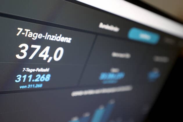 Dashboard des RKI, die 7-Tage-Inzidenz liegt nun bei 374,0 7-Tage-Inzidenz, Dashboard des RKI auf einem Monitor am 04.10.2022 in Siegen Deutschland.