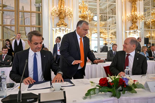 Greek PM Kyriakos Mitsotakis, from left, Hungarian PM Viktor Orban and German Chancellor Olaf Scholz at the first meeting of European Political Community (EPC), new political grouping, on October 6, 2022, at the Prague Castle, Czech Republic. (CTKxPhoto VitxSimanek) CTKPhotoP2022100607115 