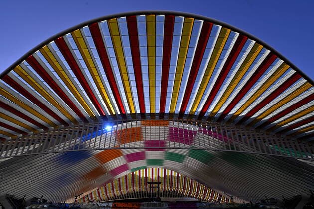 Bilder des Jahres 2022, News 10 Oktober News Themen der Woche KW40 News Bilder des Tages Illustration picture shows a monumental temporary art work by French artist Daniel Buren, at the Liege-Guillemins railway station, in Liege, Thursday 06 October 2022.  ERICxLALMAND 46384718