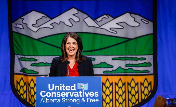 October 6, 2022, Calgary, AB, CANADA: Danielle Smith celebrates after being chosen as the new leader of the United Conservative Party and next Alberta premier in Calgary, Alta., Thursday, Oct. 6, 2022. Calgary CANADA  - ZUMAc35_ 20221006_zaf_c35_151 Copyright: xJeffxMcintoshx