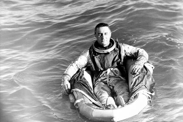 (1961) --- Astronaut Virgil I. (Gus) Grissom, pilot of the Mercury-Redstone 4 spaceflight, sits in a life raft during water egress training activies. 1062_36_M_-520-