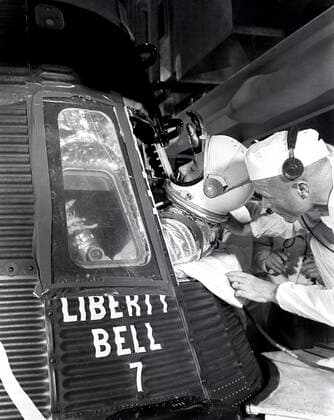 RECORD DATE NOT STATED Astronaut Grissom, Vrgil entering Mercury-Redstone Capsule, Liberty bell 7, Assisted by Astronaut Glenn, John MR-4 Mission Launch On July 21, 1961. 1062_05_M_-489-