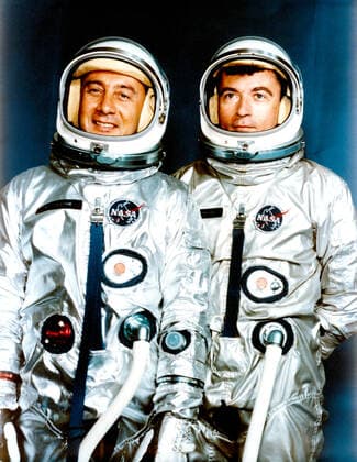 (13 April 1964) --- Astronauts Virgil I. Grissom (left), Gemini-3 command pilot; and John W. Young, pilot. 1062_36_M_-2294-