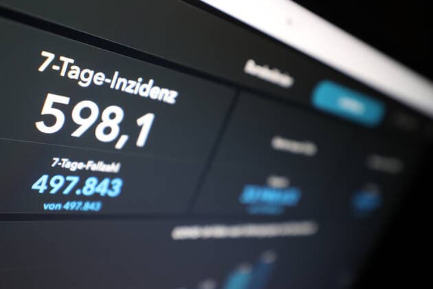 Dashboard des RKI, die 7-Tage-Inzidenz liegt nun bei 598,1 7-Tage-Inzidenz, Dashboard des RKI auf einem Monitor am 10.10.2022 in Siegen Deutschland.