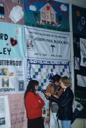 Exhibition of patchwork quilts 8280411 30.11.1991 An exhibition of quilts from San Francisco, on which the names of those who died from AIDS are written. Moscow House of Artists on Kuznetsky Most in Moscow. Moscow Russia  Copyright: xx