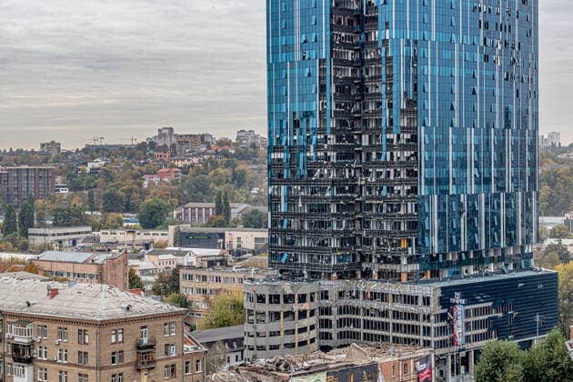 A parallel view of the 101 Tower that houses the Business Hub 3 days after Russian forces struck the capital Kyiv, Ukraine, was photographed on Thursday, Oct 13, 2022. Russian forces struck various Ukraine regions over the last three weeks killing over 80 civilians and injuring hundreds according to Ukraine state officials. (VX Photo Vudi Xhymshiti), Russian Missile Hit Kyiv Kyiv 101 Tower Kyiv Region Ukraine  , Copyright: xVudixXhymshitix