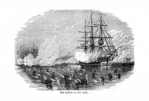 RECORD DATE NOT STATED The Battle of the Kegs , 6 January 1778, (1872). Scene during the American Revolution when a particular British fleet of ships terrorized the colonists and resided in Philadelphia s port. One idea of seveal to dislodge this British fleet was to create a type of mine. Theses mines were built out of kegs and filled with gunpowder. When they rubbed against an object in its path, it would explode. Engraving from John Gilmary Shea s A Child s History of the United States, Hess and McDavitt, (New York, 1872). The Battle of the Kegs , 6 January 1778, (1872). Artist: Unknown 
