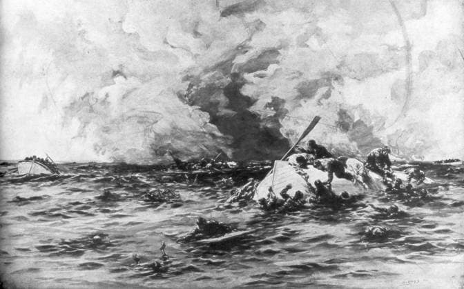 RECORD DATE NOT STATED The lifeboats of RMS Lusitania, 7 May 1915, (1926). On 7 May 1915, a German submarine torpedoed and sank the Lusitania off the south-west coast of Ireland near Kinsale. Although an unarmed passenger ship, she was carrying munitions. 1198 people lost their lives, of whom 128 were US citizens. The sinking was a main cause of America s entry into World War I. The lifeboats of RMS Lusitania, 7 May 1915, (1926). Artist: Samuel Begg 