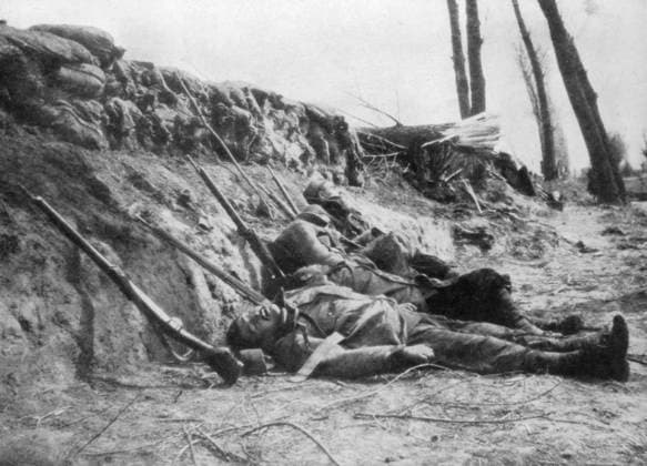 RECORD DATE NOT STATED French Zouave infantry killed by gas, Second Battle of Ypres, Belgium, 22 April 1915. On 22 April 1915 the Germans released 168 tons of chlorine gas over a four mile front, in the first gas attack of the war. Initially French and Algerian troops (Zouaves) of the 45th and 78th Divisions were attacked with the gas, inflicting heavy casualties and causing widespread panic, with the survivors abandoning their positions. Although the Allies initially condemned the attack as barbaric, by the end of the war both sides had made extensive use of poison gas. French Zouave infantry killed by gas, Second Battle of Ypres, Belgium, 22 April 1915, (1929). Artist: Unknown 