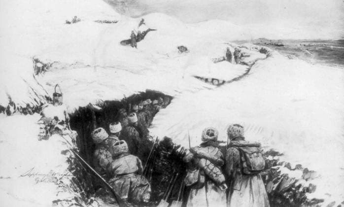 RECORD DATE NOT STATED Russian trenches in the mountains of Galicia, World War I, 1915, (1929). The Russians advanced into Galicia after defeating the Austro-Hungarian army in the early months of the war but were forced to retreat by a combined German and Austro-Hungarian offensive in the spring and summer of 1915. Russian trenches in the mountains of Galicia, World War I, 1915, (1929).Artist: Stuff 