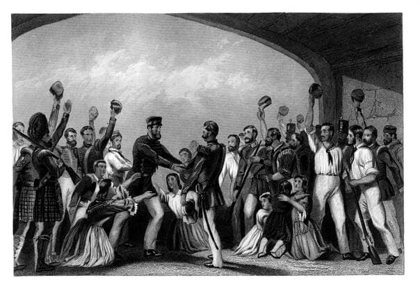 RECORD DATE NOT STATED The Relief of Lucknow by General Havelock, Indian Mutiny, 15 September 1857, (1880). The siege of Lucknow was one of the major engagements of the uprising against British rule in India which began in 1857. The mutiny had many underlying causes, but was sparked by the introduction of cartridges which were greased with animal fat. This outraged both Muslim and Hindu soldiers (sepoys), who made up the majority of the Indian army at the time. Although the mutiny was defeated in 1859, it led to the administration of India passing from the East India Company to the Crown. Lucknow itself was besieged by mutineers for 87 days from the outbreak of the mutiny until a column commanded by General Sir Henry Havelock broke through on 25th September 1857. 