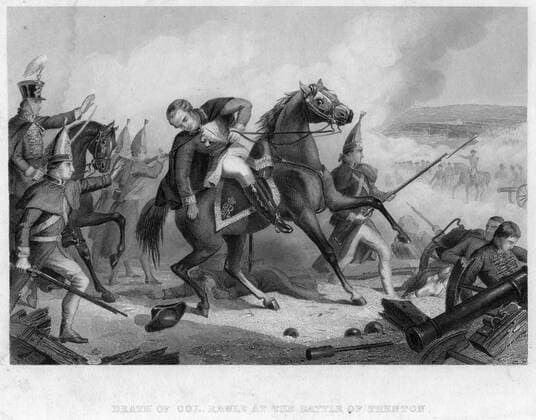 RECORD DATE NOT STATED The death of Colonel Rawle at the Battle of Trenton, 1776. The Battle of Trenton was a battle which took place on 26 December 1776, during the American Revolutionary War after Washington s crossing of the Delaware River. General George Washington led the main Continental Army across the river to surprise and virtually eliminate the Hessian garrison at Trenton, New Jersey. This overwhelming victory helped to preserve the Continental Army and set the stage for the Battle of Princeton the following week. The death of Colonel Rawle at the Battle of Trenton, 1776. Artist: Unknown 