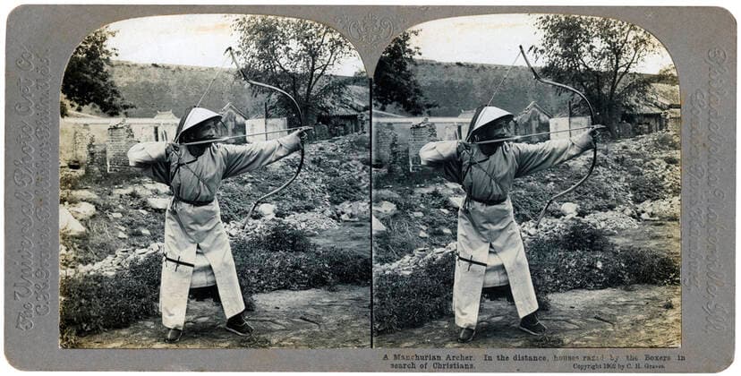 RECORD DATE NOT STATED A Manchurian archer, 1904. In the distance, the remains of houses razed by the Boxers in search of Christians. Stereoscopic slide. A Manchurian archer, China, 1904. Artist: CH Graves 