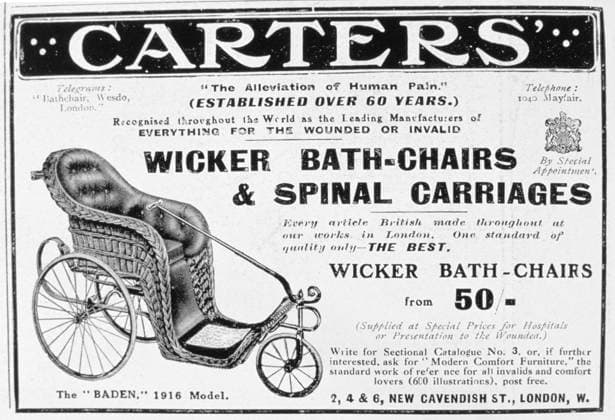 RECORD DATE NOT STATED Advert for Carters wicker bath chairs and spinal carriages, 1916. Advert for Carters wicker bath chairs and spinal carriages, 1916. Artist: Unknown 