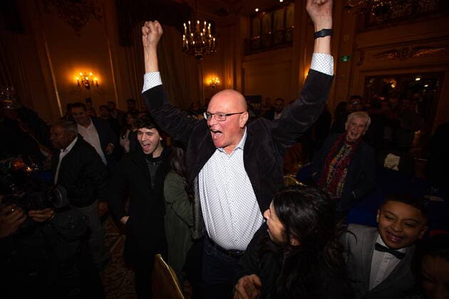 October 26, 2022, Winnipeg, MB, Canada: Tom De Nardi, fundraising chair for the Glen Murray campaign, celebrates prematurely after a media outlet declared a victory for Murray, and then retracted the statement, at Murray™s election night headquarters t the Hotel Fort Garry in Winnipeg, on Wednesday, October 26, 2022. Winnipeg Canada - ZUMAc35_ 20221026_zaf_c35_151 Copyright: xDanielxCrumpx