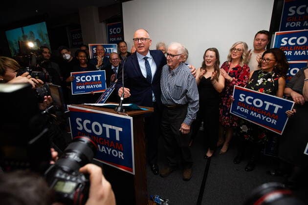 October 26, 2022, Winnipeg, MB, Canada: Scott Gillingham, left, thanks his grandfather, Gordon Alder, during his victory speech after being declared the next mayor of Winnipeg, on Wednesday, October 26, 2022. Winnipeg Canada - ZUMAc35_ 20221026_zaf_c35_155 Copyright: xDanielxCrumpx