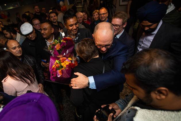 October 26, 2022, Winnipeg, MB, Canada: Janice Lukes, city councillor for Waverly West, hugs Scott Gillingham following his victory speech in Winnipeg, on Wednesday, October 26, 2022. Winnipeg Canada  - ZUMAc35_ 20221026_zaf_c35_168 Copyright: xDanielxCrumpx