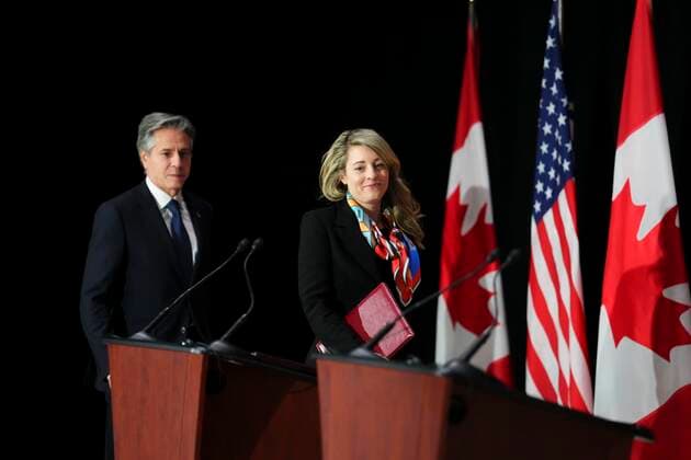 October 27, 2022, Ottawa, ON, CAN: Minister of Foreign Affairs Melanie Joly and US Secretary of State Antony Blinken arrive to hold a joint press conference in Ottawa, on Thursday, Oct. 27, 2022. Ottawa CAN  - ZUMAc35_ 20221027_zaf_c35_051 Copyright: xSeanxKilpatrickx