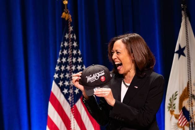US Vice President Kamala Harris is given a World Series 2022 hat during a conversation on protecting reproductive rights with Congresswoman Mary Gay Scanlon ( D-PA 05) and Sophia Bush at Bryn Mawr College in Bryn Mawr, Pennsylvania on Friday, Oct 28, 2022. The Biden administration has sought to spotlight efforts to protect abortion access after the Supreme Court struck down Roe v. Wade earlier this year, the landmark ruling that had guaranteed abortion rights for nearly 50 years. 1 WAX20221028805 HANNAHxBEIER