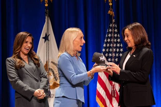 US Vice President Kamala Harris is given a World Series 2022 hat during a conversation on protecting reproductive rights with Congresswoman Mary Gay Scanlon ( D-PA 05) and Sophia Bush at Bryn Mawr College in Bryn Mawr, Pennsylvania on Friday, Oct 28, 2022. The Biden administration has sought to spotlight efforts to protect abortion access after the Supreme Court struck down Roe v. Wade earlier this year, the landmark ruling that had guaranteed abortion rights for nearly 50 years. 1 WAX20221028807 HANNAHxBEIER