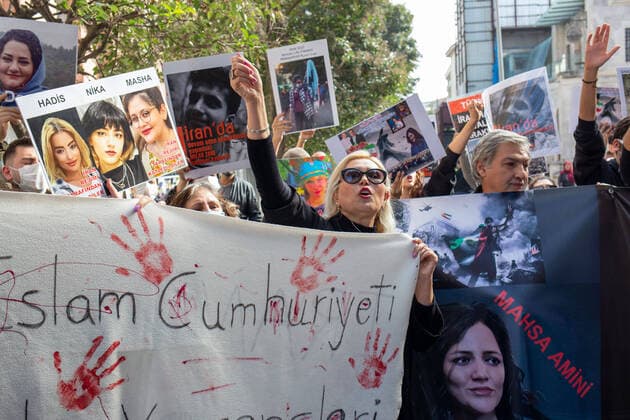October 31, 2022: Iranian citizens living in Turkey protested the Iranian government on the 45th day of the murder of Mahsa Jina Amini in front of the Turkish Consulate General in Istanbul on October 31, 2022. Protests and clashes with security forces continue in many parts of the country and the world after Mahsa Amini died after being detained by the morality police on September 13 in Tehran, the capital of Iran, on the grounds that she did not comply with the headscarf rules - ZUMAi72_ 20221031_znp_i72_009 Copyright: xTolgaxIldunx