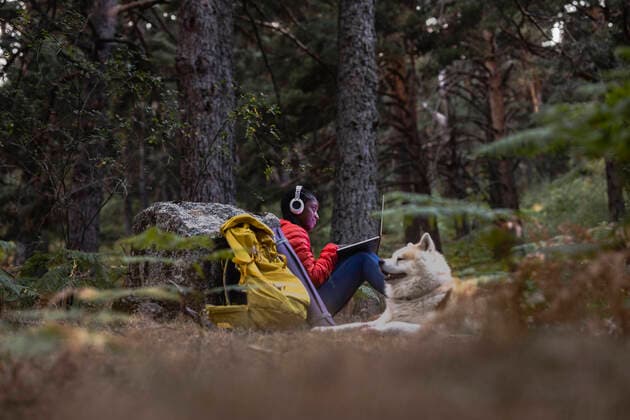 IMAGO Creative: Business - Work-Life Balance Woman wearing wireless headphones using laptop in forest model released, Symbolfoto property released, JCCMF07450