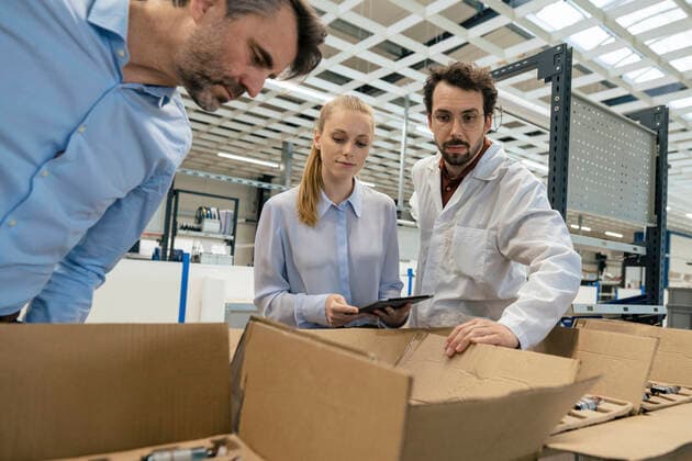 IMAGO Creative: Business, Inflation und Lieferketten Engineer standing by businessman and businesswoman examining equipment in box at factory model released, Symbolfoto property released, JOSEF13282