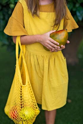 Girl standing with mesh bag and fresh mango model released, Symbolfoto, MEGF00133