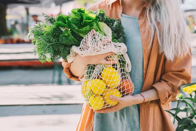 Customer holding leafy vegetables and lemons in mesh bag at local market model released, Symbolfoto, NDEF00009