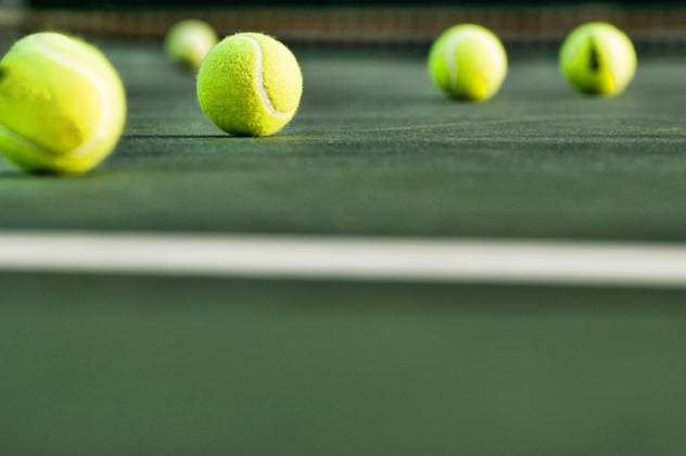RECORD DATE NOT STATED Row of Tennis Balls on Court Surface , 35515012.jpg, abstract, activity, background, ball, balls, beauty, close, closeup, competition, court, equipment, exercise, field, fitness, game, grass, green, ground, hard, health, horizontal, leisure, lifestyle, line, match, net, nobody, open, outdoor, outdoors, outside, padel, play, recreation, recreational, red, row, section, single, sport, sports, summer, surface, tennis, tournament, wallpaper, web, white, wilson, yellow