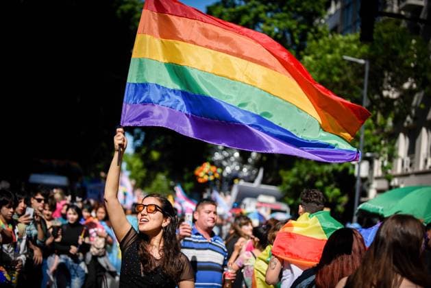 November 5, 2022, Buenos Aires, Argentina: An attendee waves a rainbow flag during the annual Pride Parade. Demonstrators march from Plaza de Mayo square to the National Congress building during the 31st annual LGBTQ Pride Parade in Buenos Aires. Buenos Aires Argentina - ZUMAs197 20221105_zaa_s197_157 Copyright: xMarianaxNedelcux