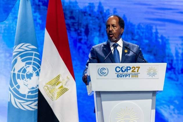COP27 In Sharm El Sheikh - Day 3 Hassan Sheikh Mohamud, President of Somalia delivers his national statement during the High-Level Segment for Heads of State and Government summit on the third day of the COP27 UN Climate Change Conference, held by UNFCCC in Sharm El-Sheikh International Convention Center, Egypt on November 8, 2022. COP27, running from November 6 to November 18 in Sharm El Sheikh focuses on implementation of measures already agreed during previous COPs. The Conference in Sharm El Sheikh focuses also on the most vulnerable communities as the climate crisis hardens life conditions of those already most disadvantaged. Sharm El Sheikh South Sinai Egypt  Copyright: xDominikaxZarzyckax originalFilename: zarzycka-cop27ins221108_np9Wx.jpg