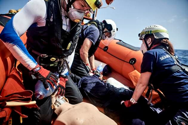 Members of SOS Mediterranee training to perform first aid on board a RHIB during the journey to reach the SAR zone off the Libyan coast.  AntoninxBuratx xLexPictorium LePictorium_0270026