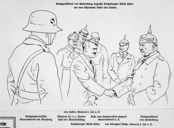 RECORD DATE NOT STATED Adolf Hitler shaking hands with President von Hindenburg on the State Day of Honour, 1934. Artist: Unknown Copyright:xHistoricaxGraphicaxCollection HeritagexImagesx IMAGO ,1632573 ! ACHTUNG: AUFNAHMEDATUM GESCHÄTZT!  Copyright:HistoricaxGraphicaxCollection HeritagexImagesx IMAGO
