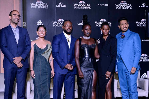 Black Panther: Wakanda Forever Fan Event November 9, 2022, Satelite City, Mexico: (L-R) Nate Moore, Mabel Cadena, Ryan Coogler, Lupita Nyong™o, Letitia Wright and Tenoch Huerta during the Black Panther: Wakanda Forever Fan Event at Plaza Satelite. on November 9, 2022 in Satelite City, Mexico. (Photo by Carlos Tischler Eyepix Group) Copyright: xCarlosxTischler EyepixxGroupx CT_09112022_80711