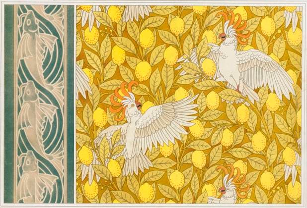 RECORD DATE NOT STATED Design for Wallpaper Cockatoos with Lemons and Wallpaper Border with Flying Fish Copyright:xuccello,cacatua,cacatua,stilexliberty,limone,limoni,agrumi,cartaxdaxparati,HistoricaxGraphicaxCollection,Colourxlithograph,Illustration,animalsxinxdecoration,l animalxdansxlaxdecoration,mauricexpillardxverneuil,MauricexPillardxVerneuilx(1869?1942),Bordure,wallpaperxborderx IMAGO ,2701096 ! ACHTUNG: AUFNAHMEDATUM GESCHÄTZT!  Copyright:uccello,cacatua,cacatua,stilexliberty,limone,limoni,agrumi,cartaxdaxparati,HistoricaxGraphicaxCollection,Colourxlithograph,Illustration,animalsxinxdecoration,l animalxdansxlaxdecoration,maur