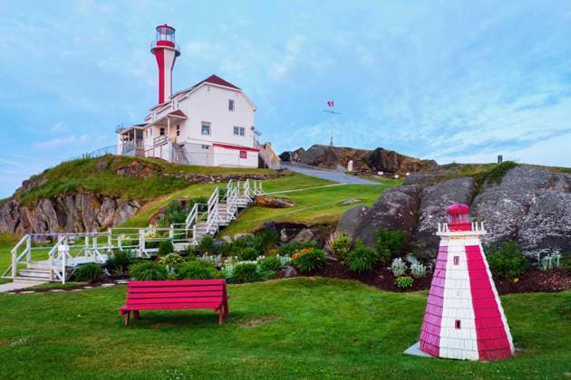 RECORD DATE NOT STATED Cape Forchu Lighthouse at dawn. Nova Scotia, Canada. , 36637982.jpg, Canada, Cape Forchu Lighthouse, Nova Scotia, building, day, landmark, landscape, light, lighthouse, mornign, outdoors, sunny, sunrise, travel, white