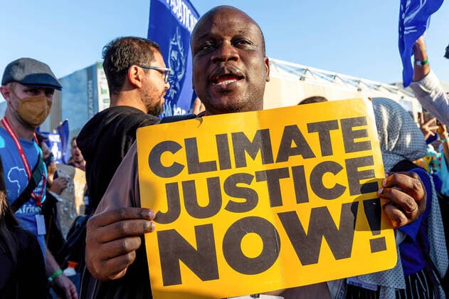 November 11, 2022, Sharm El Sheijk, South Sinai, Egypt: Activists protest demanding Loss and Damage reparations on the fifth day of the COP27 UN Climate Change Conference, held by UNFCCC in Sharm El-Sheikh International Convention Center. COP27 is running from November 6 to November 18 in Sharm El Sheikh and focuses on the implementation of measures already agreed on during the previous COPs. The Conference also focuses on the most vulnerable communities as the climate crisis hardens life conditions of those already most disadvantaged. Sharm El Sheijk Egypt - ZUMAs197 20221111_zaa_s197_237 Copyright: xDominikaxZarzyckax
