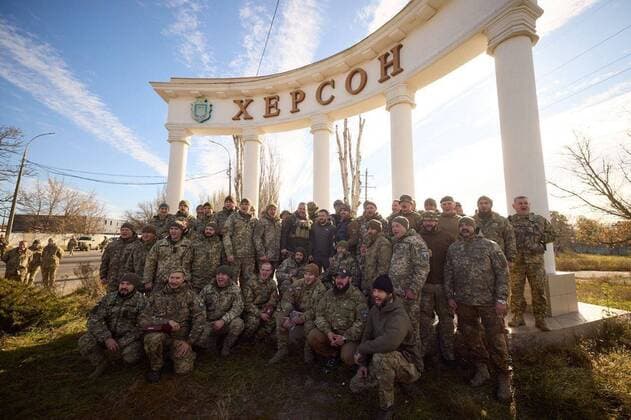 **VIDEO AVAILABLE: CONTACT: INFO@COVERMG.COM TO RECEIVE** These images show Ukraine?s President Volodymyr Zelensky visiting the liberated city of Kherson on Monday morning (14November2022). Ukrainian troops entered the city to joyous scenes on Friday after Russian troops pulled back across the Dnipro river, south towards Crimea. They had occupied the city since the early days of their invasion in February and Russian President Vladimir Putin had named Kherson as one of four partially occupied Ukrainian regions that would be annexed and become part of Russia at the end of September. However, just over a month later his troops withdrew from Kherson, a key strategic city near the mouth of the Dnipro. During the visit, Zelensky was greet Copyright: xx 52179137 EDITORIAL USE ONLY. NOT FOR USE BY NEWSPAPERS BASED IN THE UK.