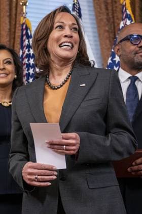 US Vice President Kamala Harris listens to a question from the news media following her participation in the ceremonial swearing-in of Candace Bond to be the US Ambassador to Trinidad and Tobago in the Vice President s ceremonial office in Washington, DC on November 14, 2022. 1 WAX20221114810 SHAWNxTHEW