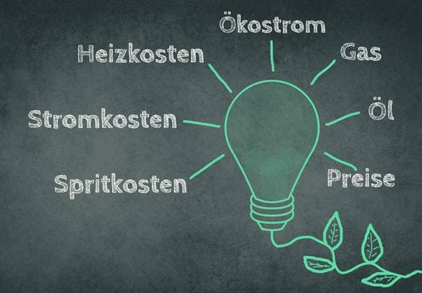 Green colored light bulb with a plant cable, words like fuel costs, electricity, oil price are stand Green colored light bulb with a plant cable, words like fuel costs, electricity, oil price are standing in german language on a chalkboard, drawing Copyright: xZoonar.com BeritxKesslerx 18392716