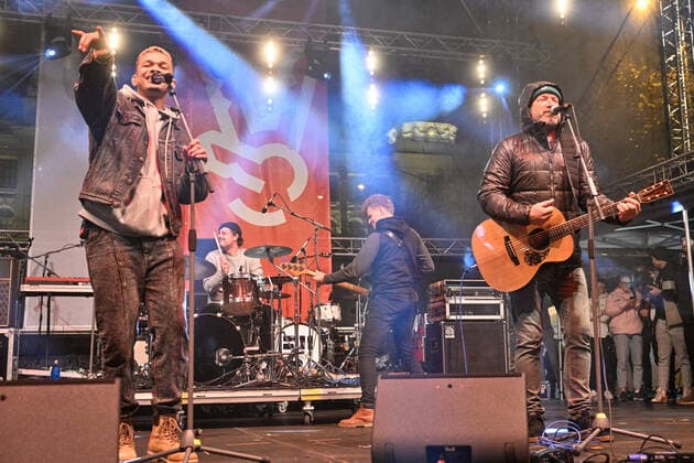 Ben Christovao and David Koller perform during the Concert for Future commemorating the national holiday in the Czech Republic before the crowded Wenceslas Square in Prague centre, Czech Republic, November 17, 2022. (CTKxPhoto VitxSimanek) CTKPhotoP2022111709199  VIS 004
